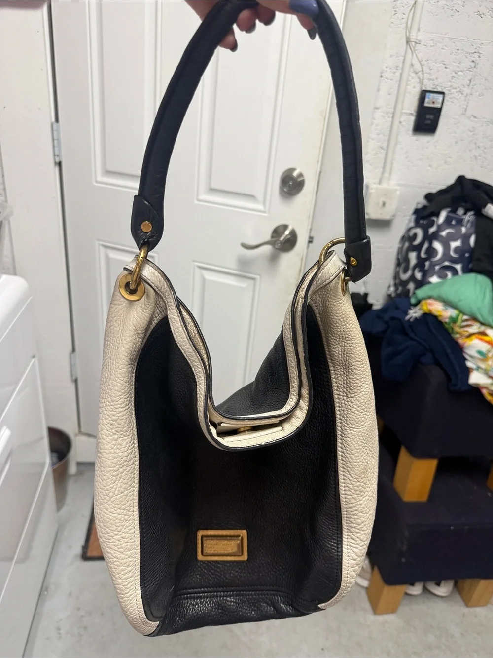 Black and Cream Leather Hobo Bag - MARC JACOBS Large Purse